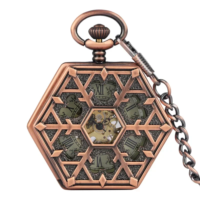 Bronze Red Copper Hexagone Shape Unisex Handwinding Mechanical Pocket Watch Roman Number Dial Skeleton Clock with Pendant Chain