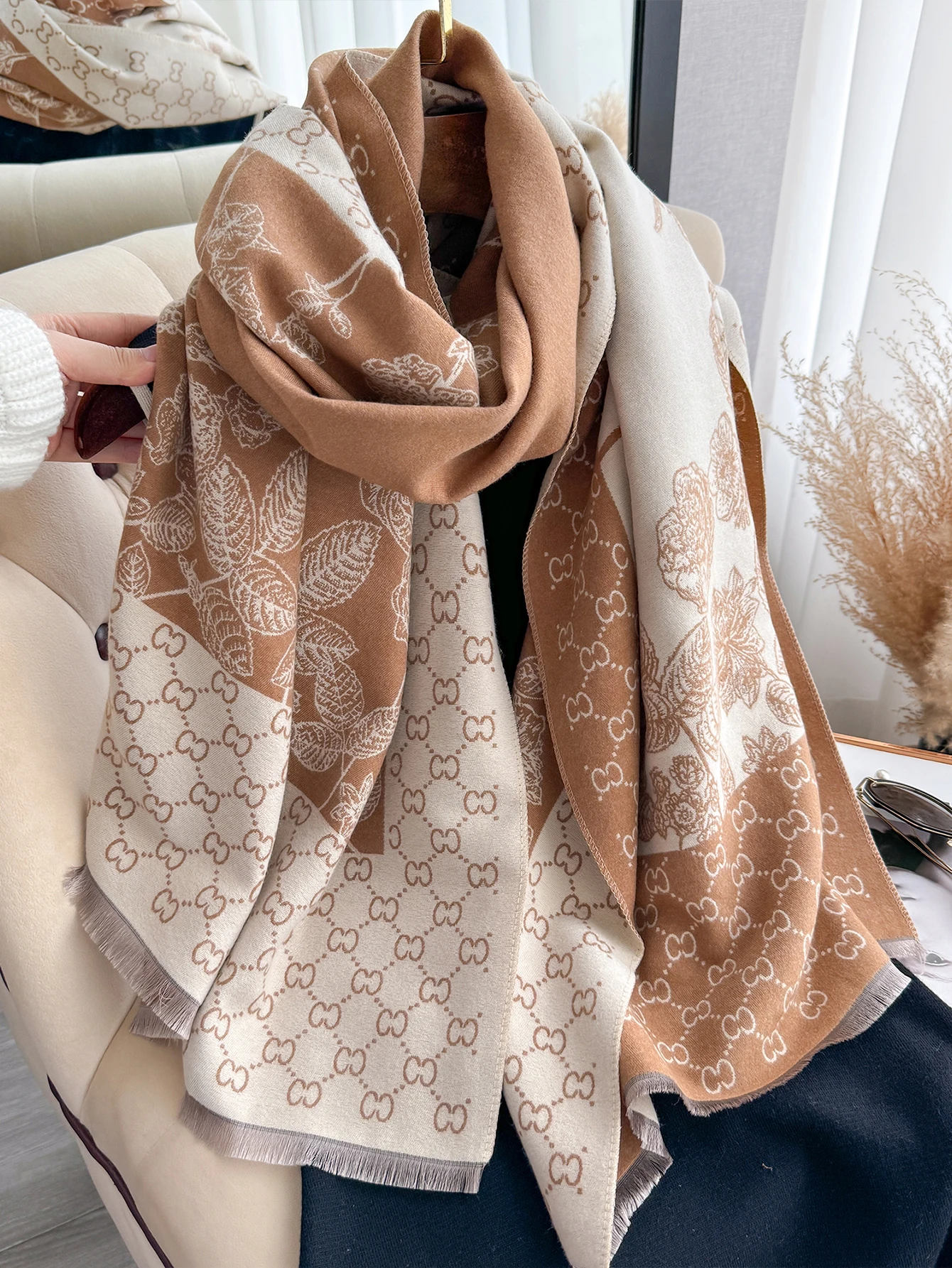 New Double Sided Letter Tassel Scarf Mature Imitation Cashmere Warm Shawl Autumn Winter Office Coldproof Windproof Wrapped Scarf