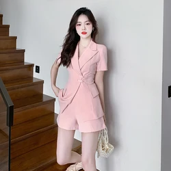 Summer Design Notched Collar Short Dress Korean Pink Suit Shorts Two-Pieces Set Female 2024