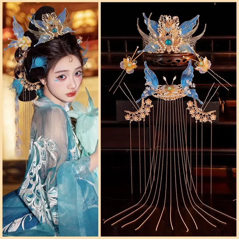 Hair Crown Flower Liquid Tassel Back Pressure Flower Butterfly Hair Hairpin Set Fairy All-match Flying Accessories Handmade