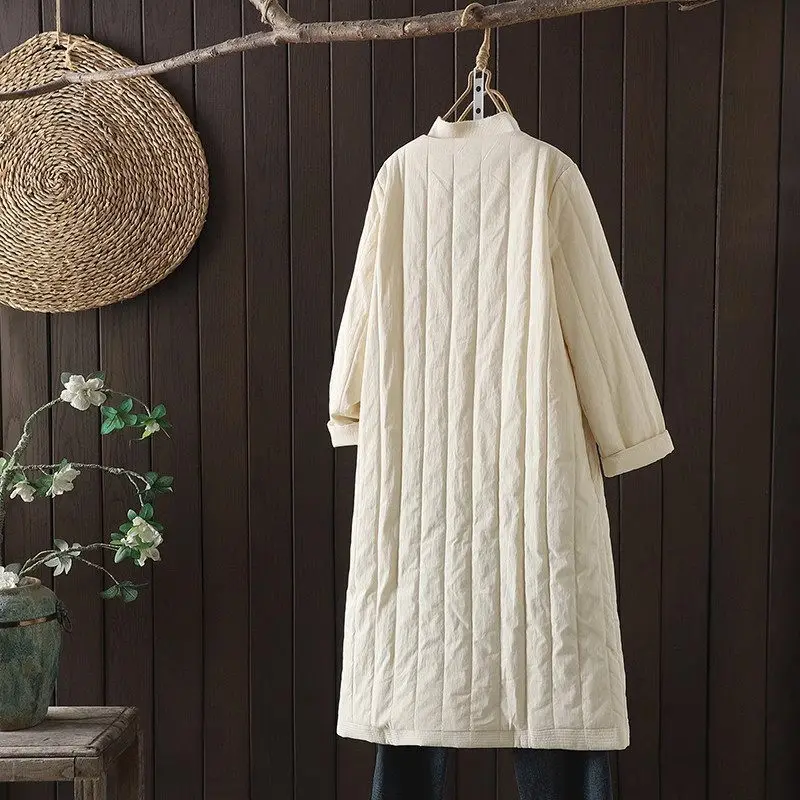 Light Chinese Syle Cotton Padded Cheongsam Slanted Collar Thickened Pressed Stripps Buttoned Robe Cotton Linen Winter Dress A013