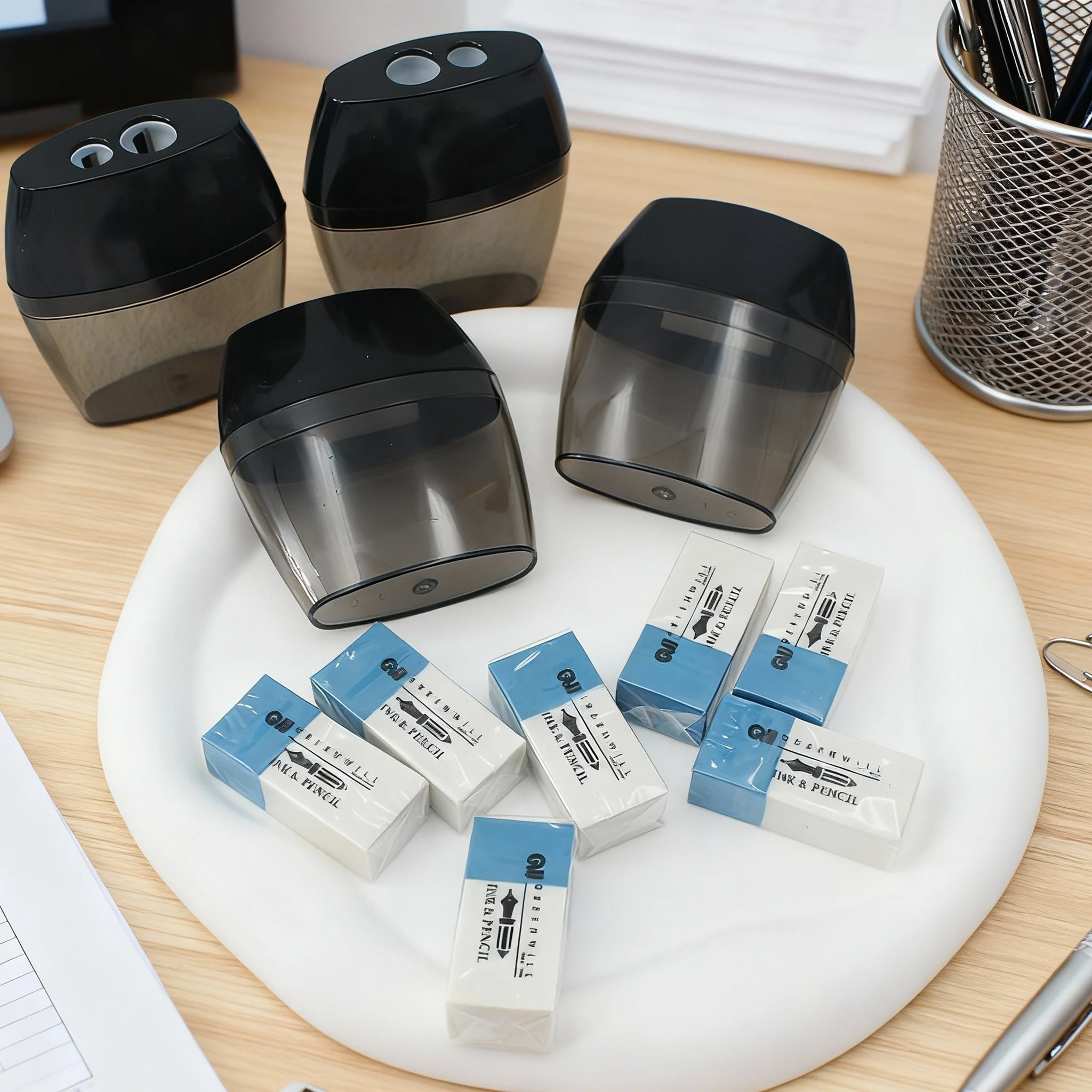 Black Double-Hole Pencil Sharpener and Blue&White Eraser | Office Desktop Essential