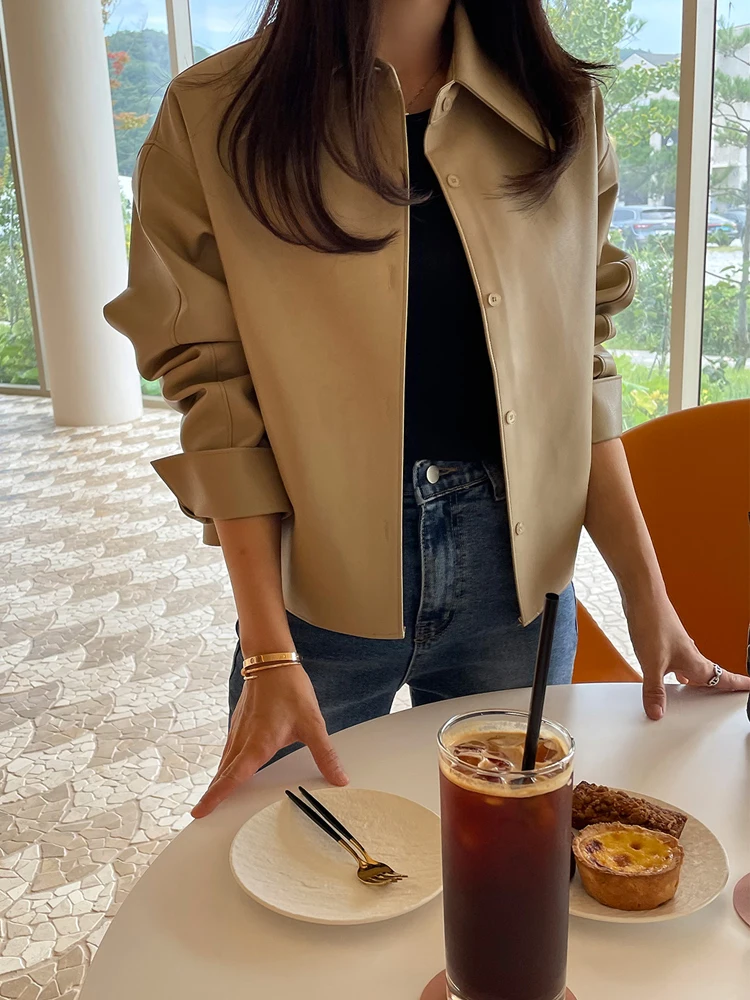 

Pu Leather Jacket Women Motorcycle Short Loose Fit Thin High Street Korean Edition Simple Design Versatile Autumn Fashion Coat