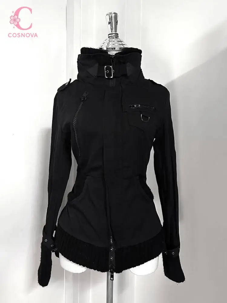 Gothic Vintage Y2K Techwear Cropped Jacket Women Slim Fit High Neck Buckle Strap Zipper Pocket Ribbed Hem Casual Daily Outfit