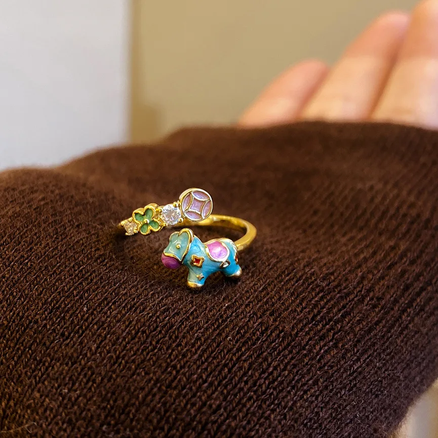 Silver New Retro Enamel Little Horse Zircon Open Ring, Year of the Horse, Light Luxury, High End, Versatile Women's Jewelry