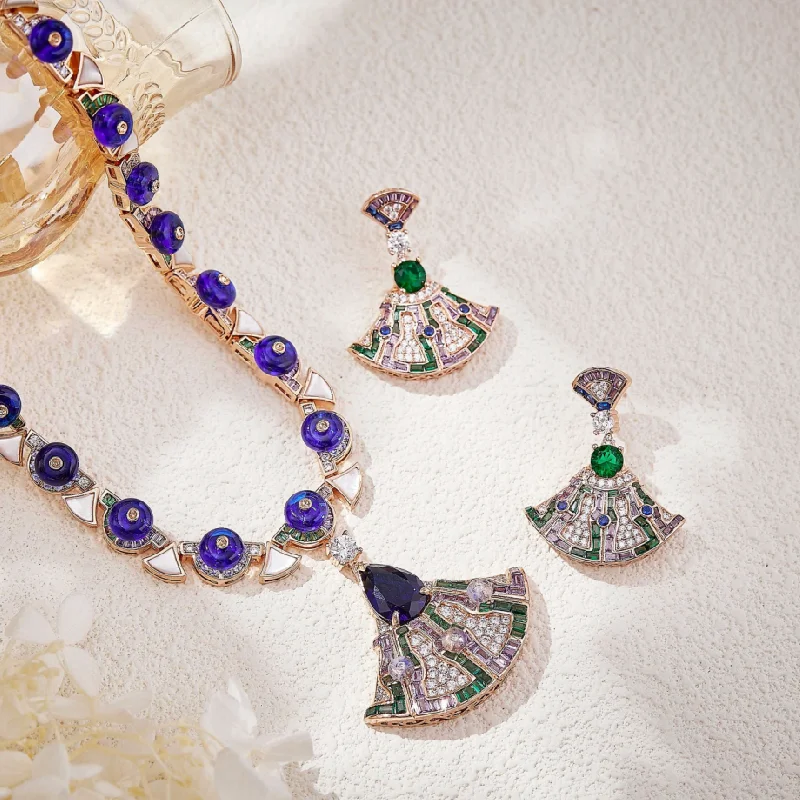 

Europe America Style Necklace Earrings Inlay Cubic Zircon Synthetic Sapphire Fanshaped Pendant Beads Chain Party Jewelry Sets