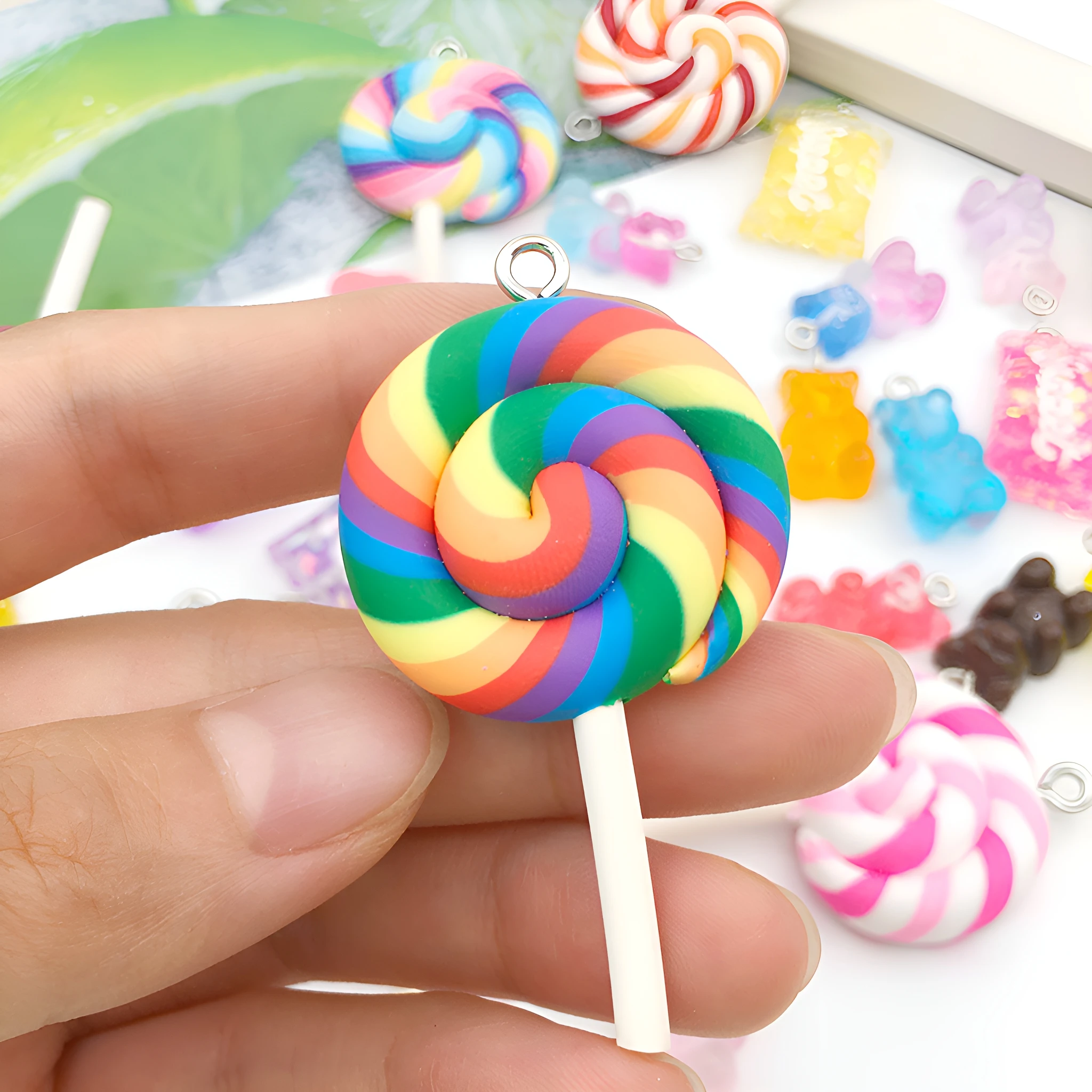 32pcs Simulated Resin Lollipop, Ombre Bear & Candy Charms, Creative Pendant Set for DIY Earrings, Keychains and Bag Accessories.