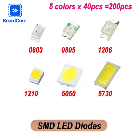 200 unids/lote diodos LED SMD 0603 0805 1206 1210 5050 5730 Kit de Diodo LED SMD de alto brillo verde rojo blanco azul amarillo