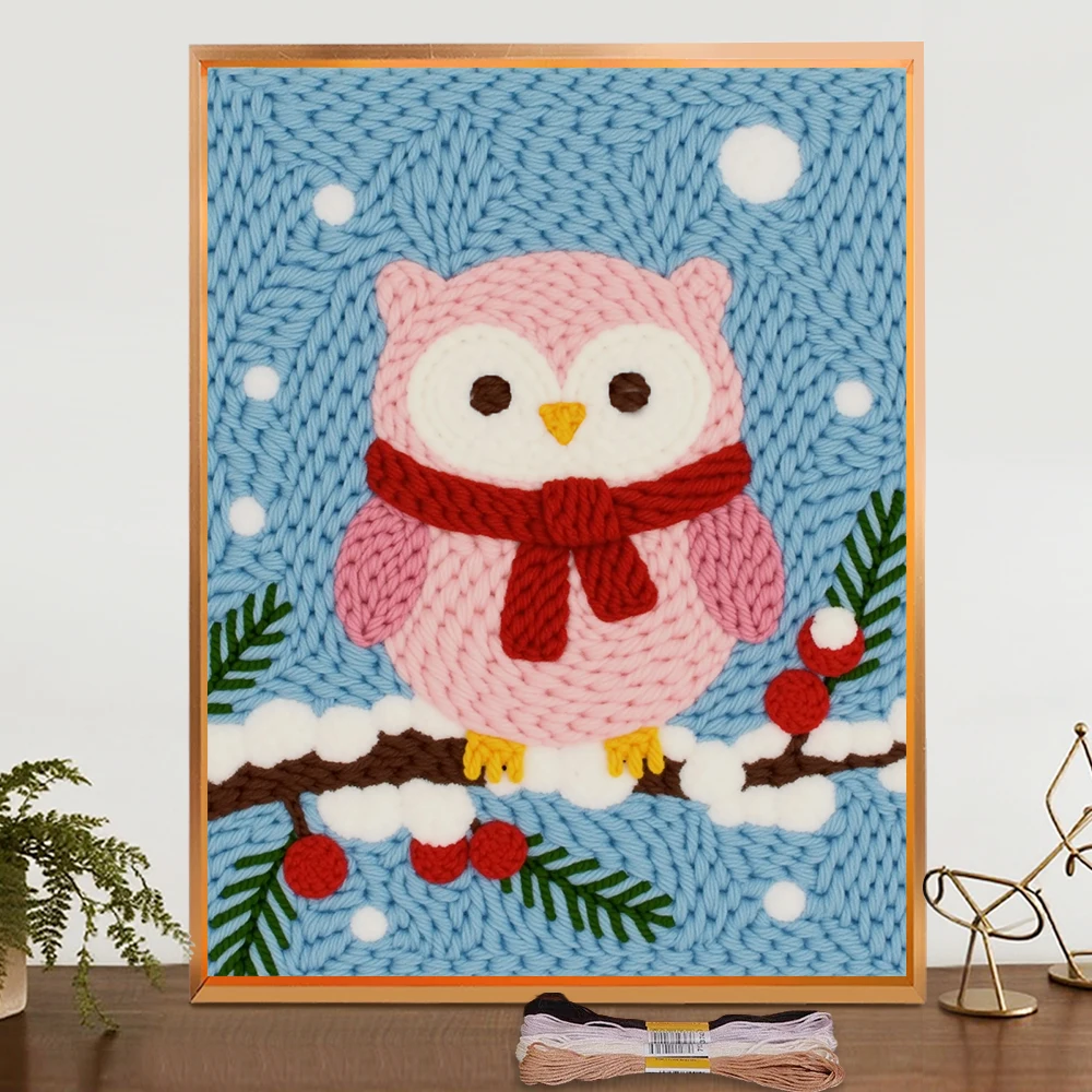 

Cross Stitch Starter Kits Christmas Owl Patterns Fabric Embroidery Punch Needle Embroidery For Beginner Set Snow Landscape