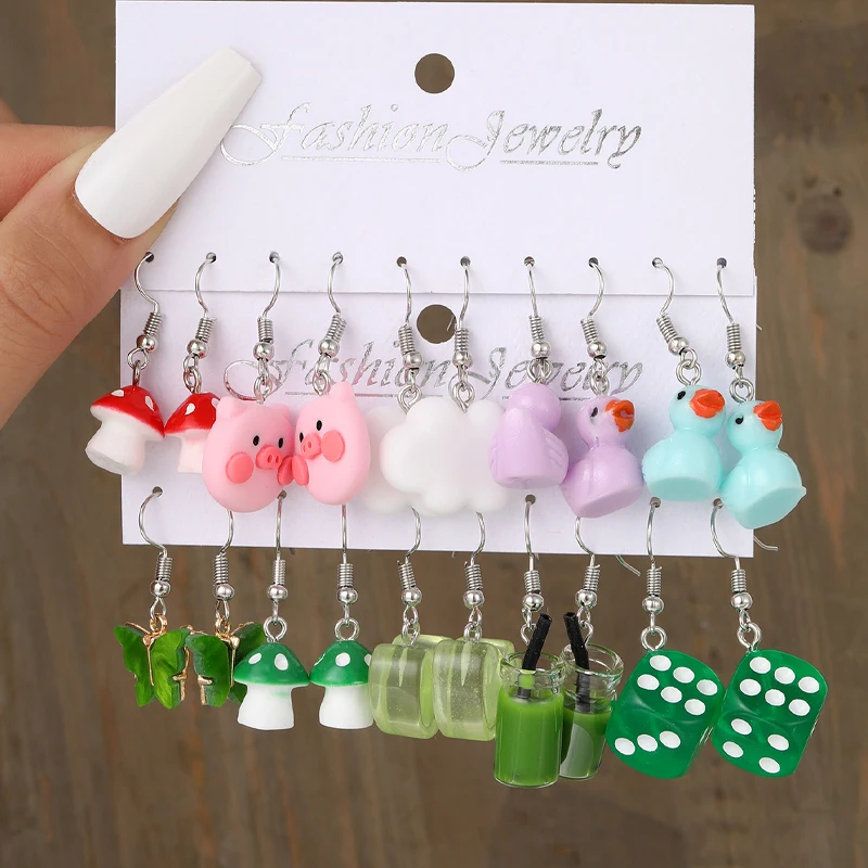 10 Pairs Cartoon Duck Dangle Earrings Set Cute Butterfly Heart Mushroom Animal Drop Earrings for Women Trendy Girl Kids Jewelry