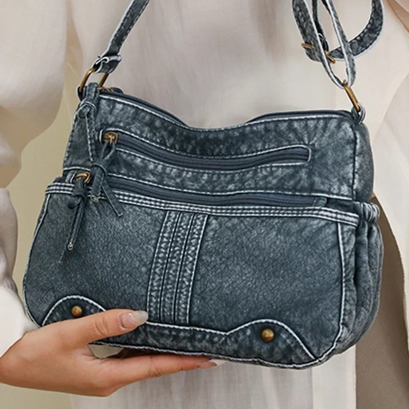 Female Medium Handbag Imitation Denim Blue Washable Leather Ladys Shoulder Bag Multi Pocket Women Work Wear Style Crossbody Bags