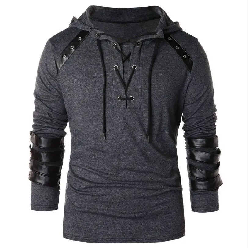 Men\'s Gothic Steampunk Hoodie Shirts Sweatshirt Lace Up Long Sleeve Pullover Hooded Casual Blouse Tops