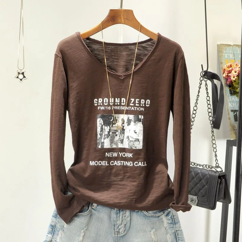 

Autumn New V-neck Long-sleeved Women's Letter Printed Loose T-shirt Bottoming Top