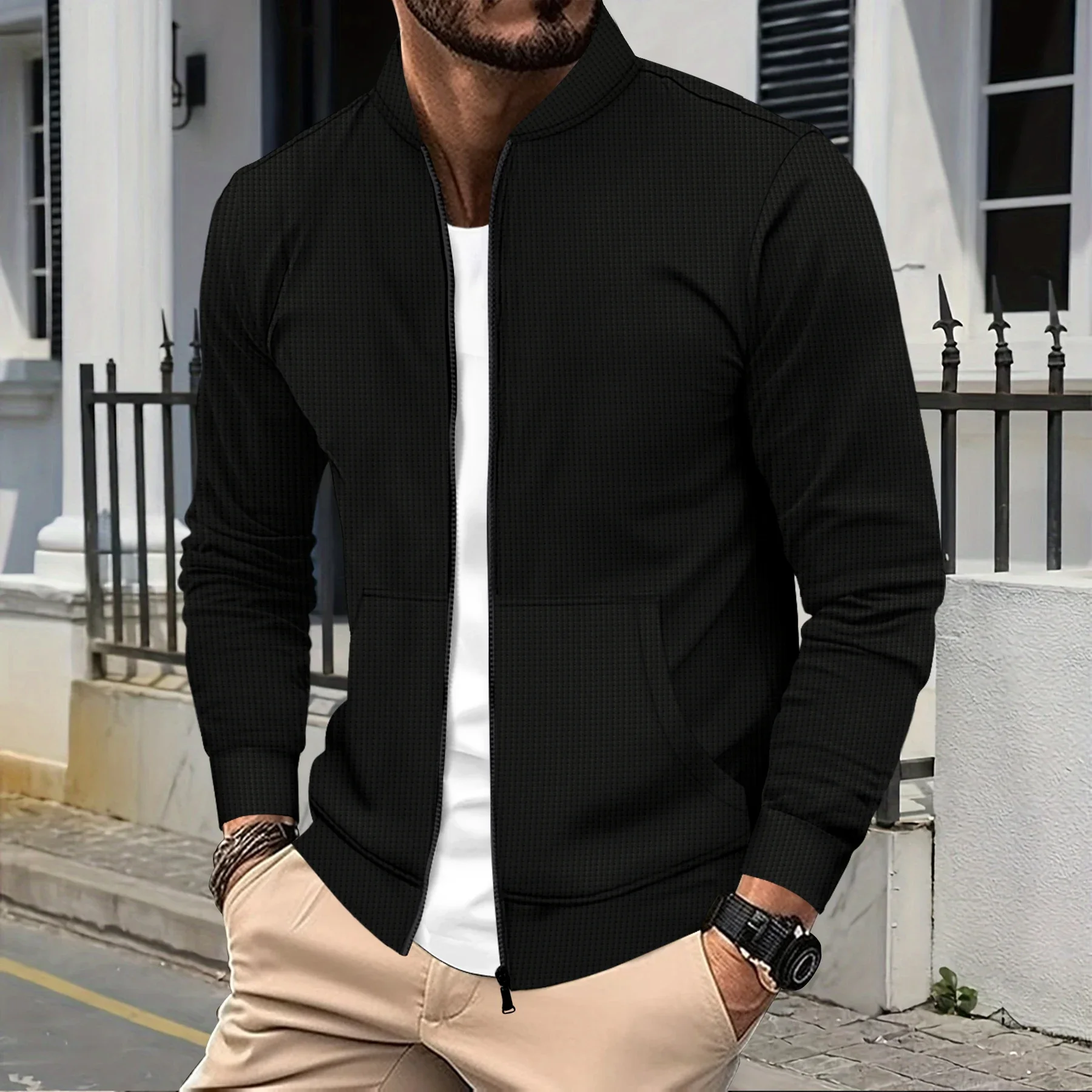 Men's windproof jacket, made of waffle fabric - casual outdoor clothing for spring and autumn seasons. With a full zipper design