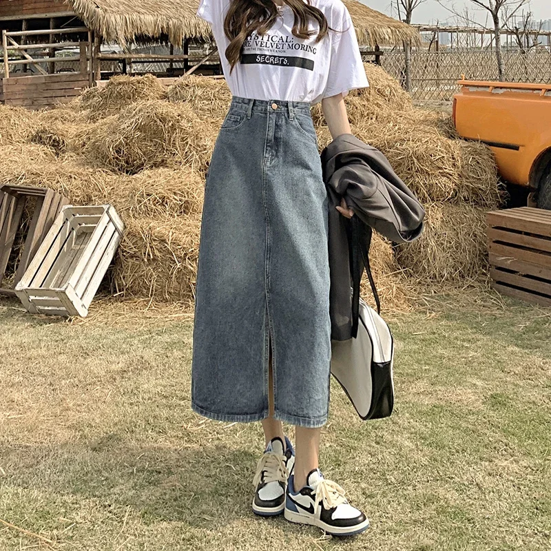 Saia denim midi estilo coreano feminino, saias longas de verão, calção jeans feminino casual azul vintage na altura do joelho, alta qualidade, 2024