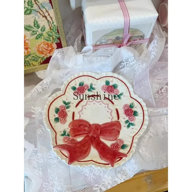 Retro cute rose bow ceramic plate