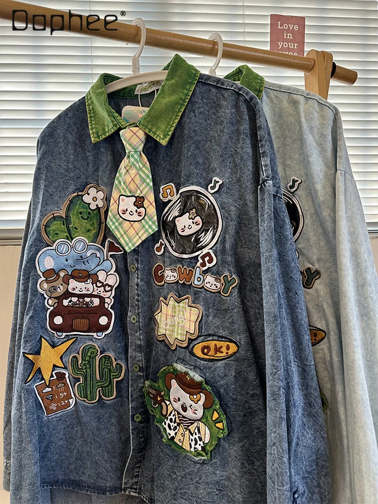 Summer and Autumn New American Retro Men's Loose Cartoon Embroidered Denim Short Sleeve Shirt Couple Casual Long Sleeve Shirt