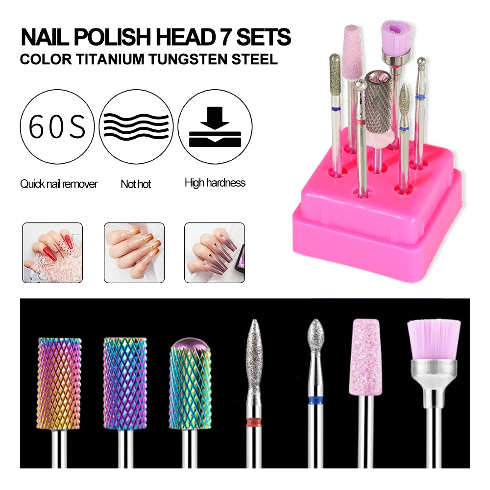 텅스텐 카바이드 세라믹 네일 드릴 비트 7개, 젤 바니쉬 제거용 매니큐어 드릴 비트 키트 액세서리 조각 도구