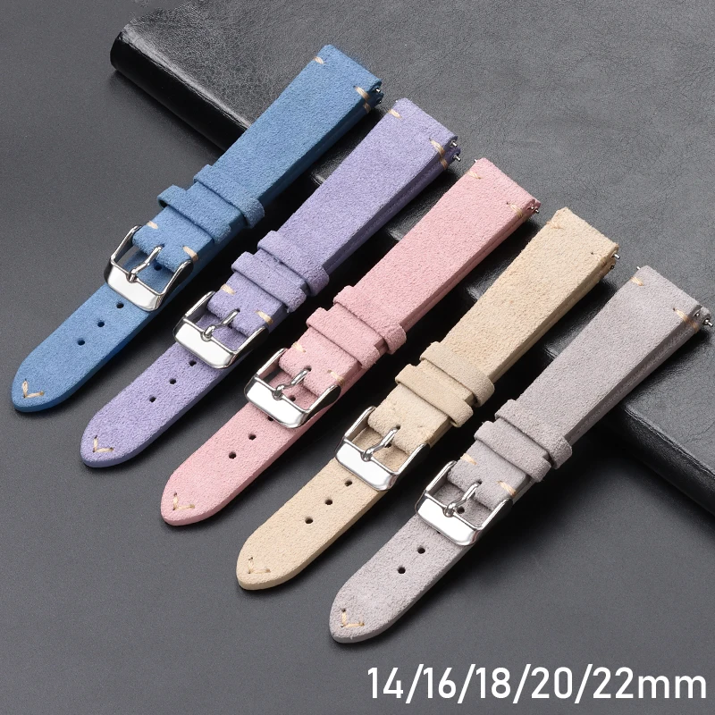 Pulseira de relógio de camurça para homens e mulheres, pulseira de couro vintage macia, pulseira rápida, pulseira de substituição, 14mm, 16mm, 18mm, 20mm, 22mm