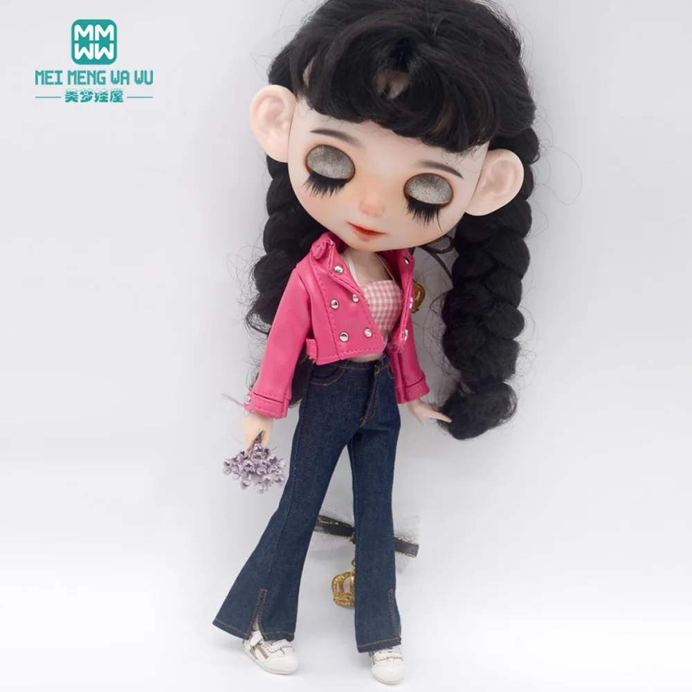 28-30cm Blyth Doll Clothes Azone OB 24 Fashion Leather Jackets Jeans Flared Pants Tube Top Accessories Girls Gift Toys