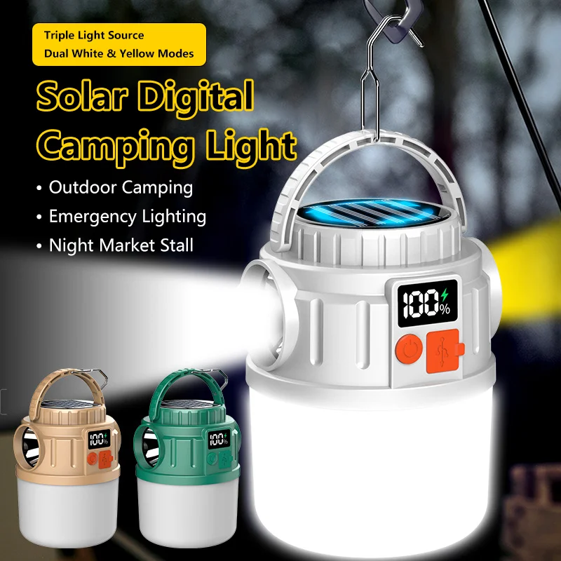 デジタルディスプレイ付き多機能ソーラーランプ、24-led高輝度、デュアル充電、屋外用