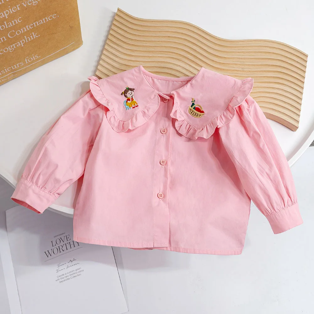 Kids Girls Blouse Floral Embroidery Peter Pan Collar Shirts Spring Long Sleeve Single-Breasted Shirt Tops Children Clothes 1-6Y