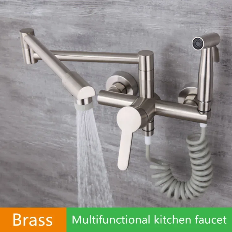 

Folding Brass Kitchen Faucet Brushed Bidet Spray Wall Mount Hot Cold Mixer Tap Bathroom Crane with