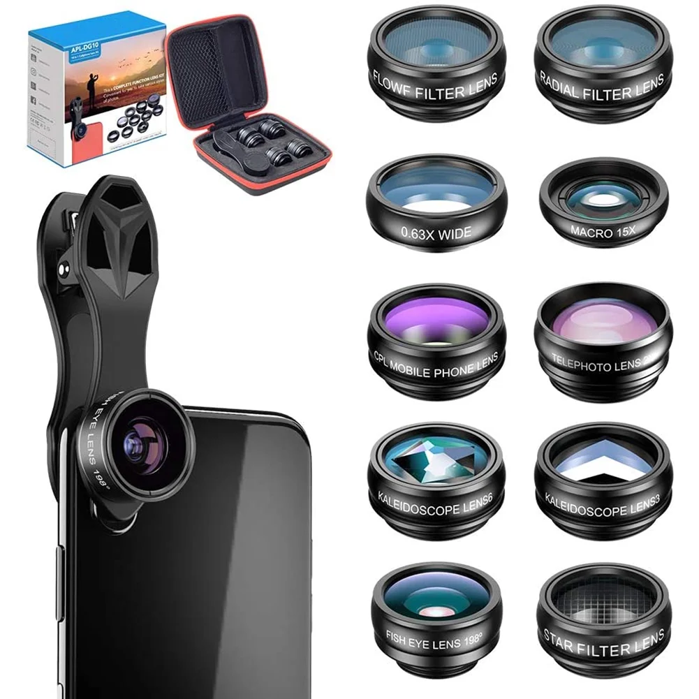 10 In 1 Fisheye Wide Angle CPL Kaleidoscope Telescope Lens Kit For Mobile Phone Camera Photography Accessories Black