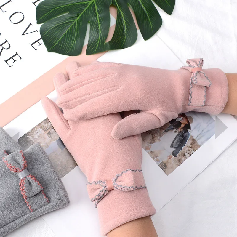 Стильные женские теплые сенсорные экраны плюс бархатные внутренние утолщенные ветрозащитные велосипедные милые элегантные эластичные мягкие перчатки с бантом