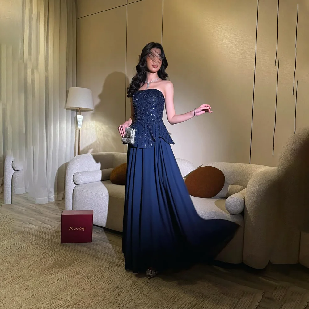 Navy Long Prom Dress Customized Sequined Jersey Strapless Evening Gowns with Scarf Pleated Chiffon A Line Formal Party Dresses