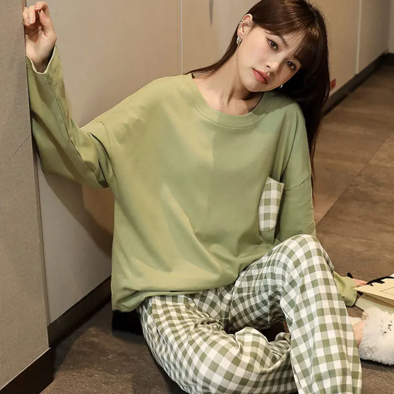 Women\'s Spring and Autumn Pajamas Homewear Set of Students Long-Sleeved Pajamas New Fashion Casual Plaid Ladies Homewear Set