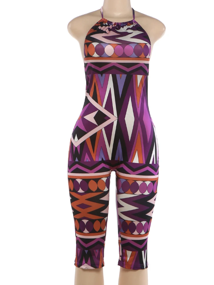 Sisterlinda Print Playsuits Damenmode Neckholder Rückenfrei Ärmellos Pfirsichfarben Hüftbetontes Hot Girl Midnight Club Party Hipster Club Romper – Detail 4