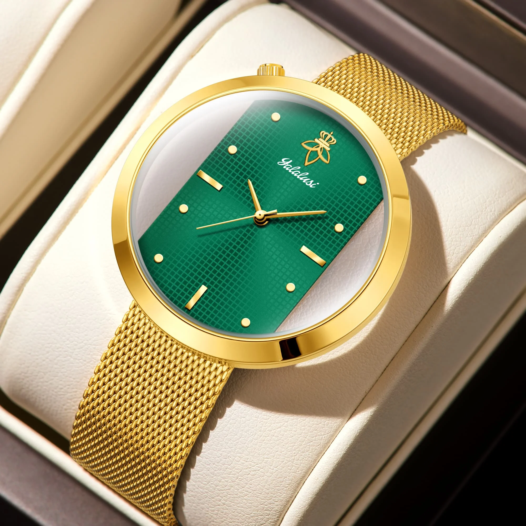Women's  Womens Ultra Thin Gold Mesh Watch Luxury Emerald Green Grid Dial Simple Quartz Ladies Wrist Watch Gift for Her