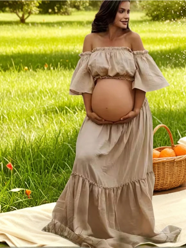 Women Boho Dress Comfortable Linen Cotton Maternity Clothing Vintage Short Sleeve Dress For Pregnancy Photo Shoot