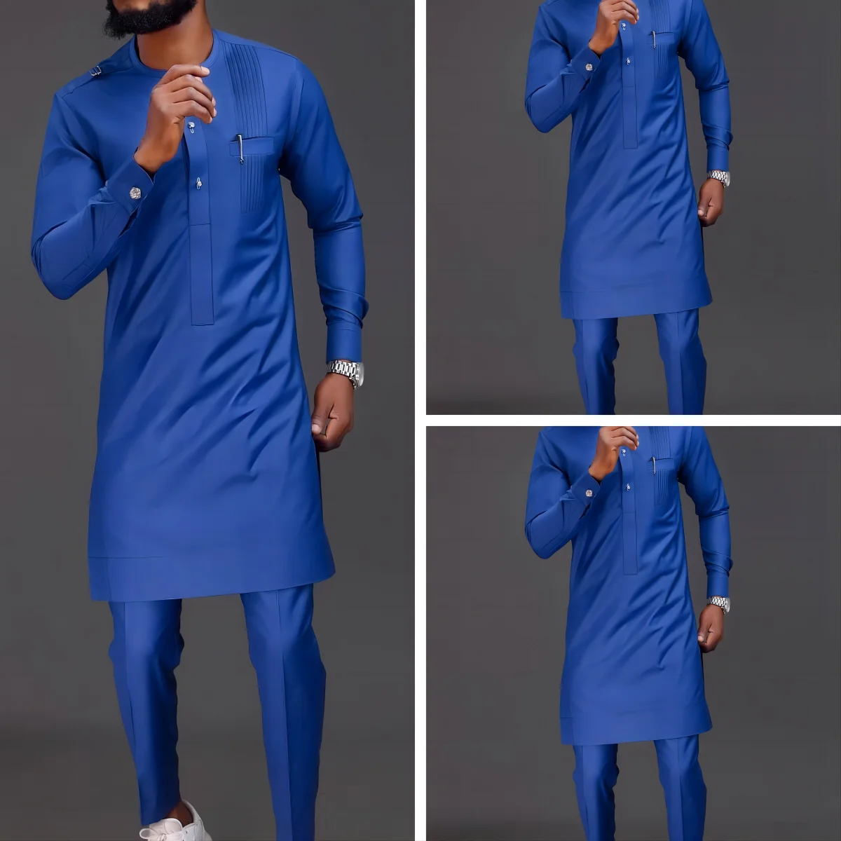 

Dashiki】Popular Muslim African Ethnic Style Men's Round Tie Blue Shoulder Buckle Four Seasons Universal Casual Long-Sleeved Suit