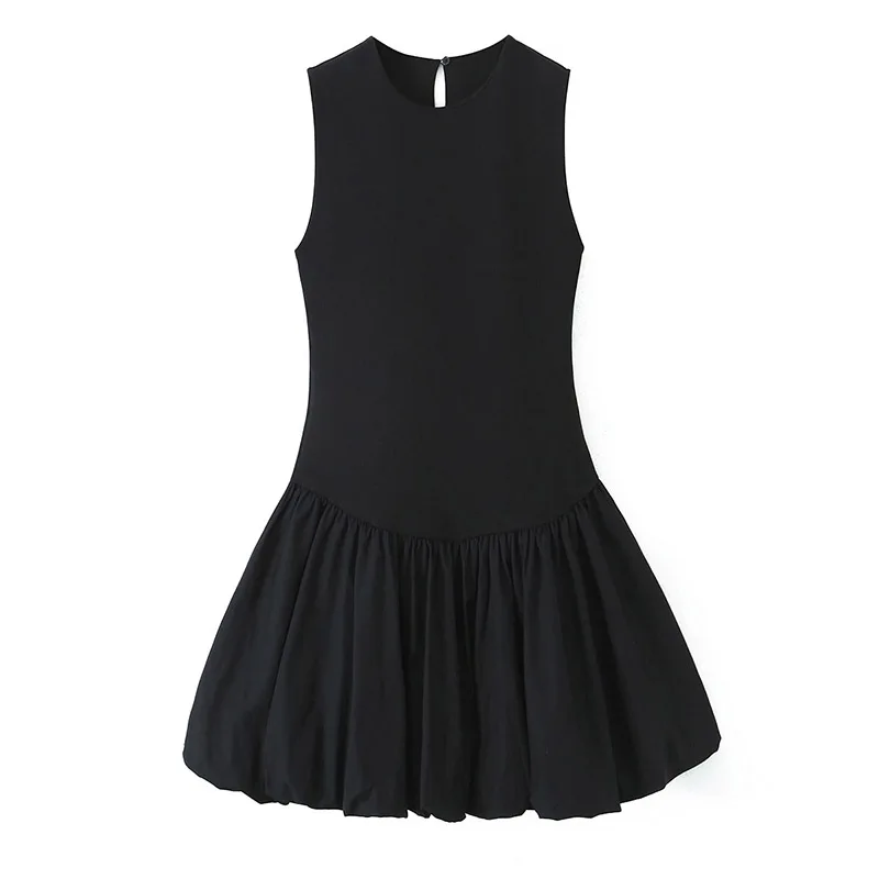 الصيف الجولة الرقبة فستان بسيط المرأة بلا أكمام مزدوجة الوجهين المرقعة فستان قصير ملابس عصرية الإناث 2025 جديد