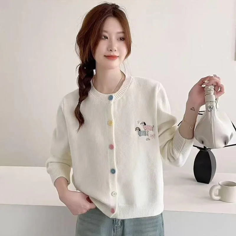 

Autumn Winter 2025 New O-neck Knit Long Sleeve Cardigan Women Clothing Casual Loose Puppy Embroider Sweater Lady Chic Button Top