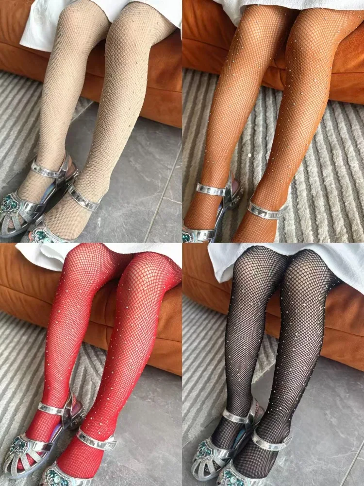 Child Fish Net Rhinestone Stretchy Tight Performance Costume Pantyhose Kids Candy Color Fishnet Glitter Stage Dance Tight Pants