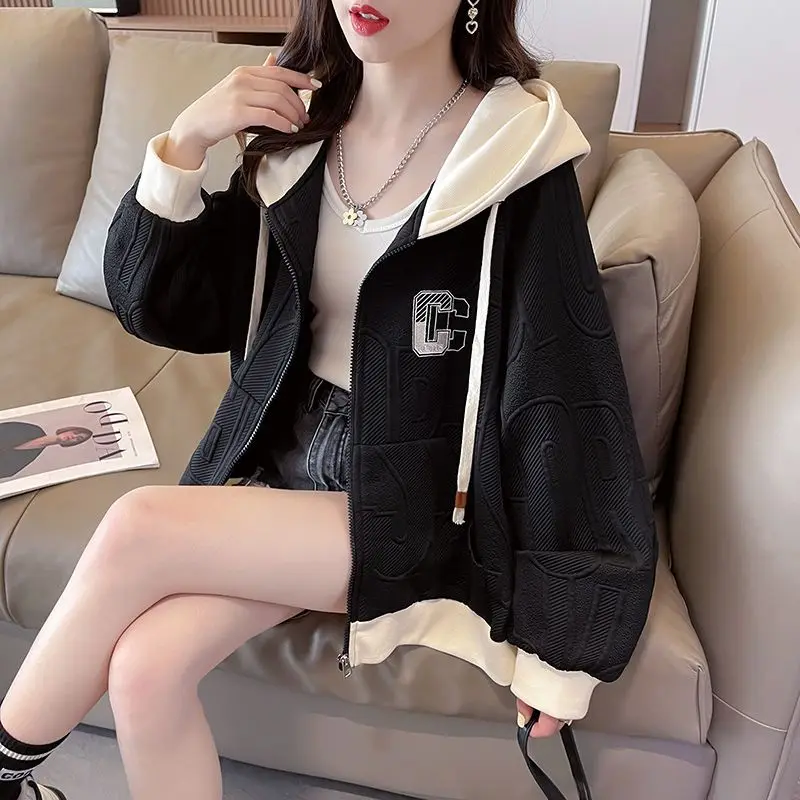 Fashion Spliced Letter Embroidery Hoodies Sweatshirts Female Clothing 2024 Autumn New Loose Young Style Tops Casual Sweatshirts