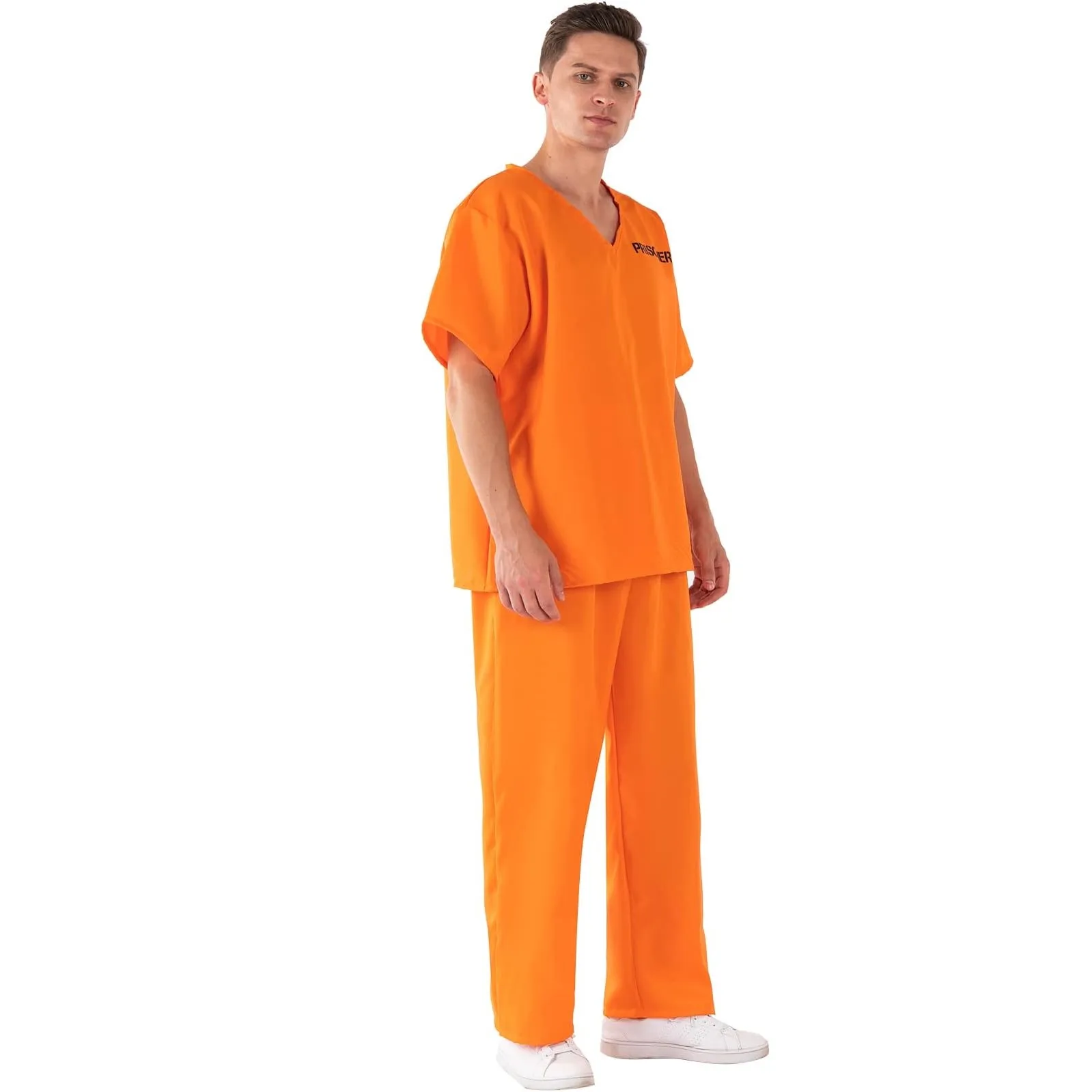 Adult Men Women Orange Prisoner Costume Unisex Convict Fancy Dress Outfit with Shirt Pants for Halloween Cosplay Costumes