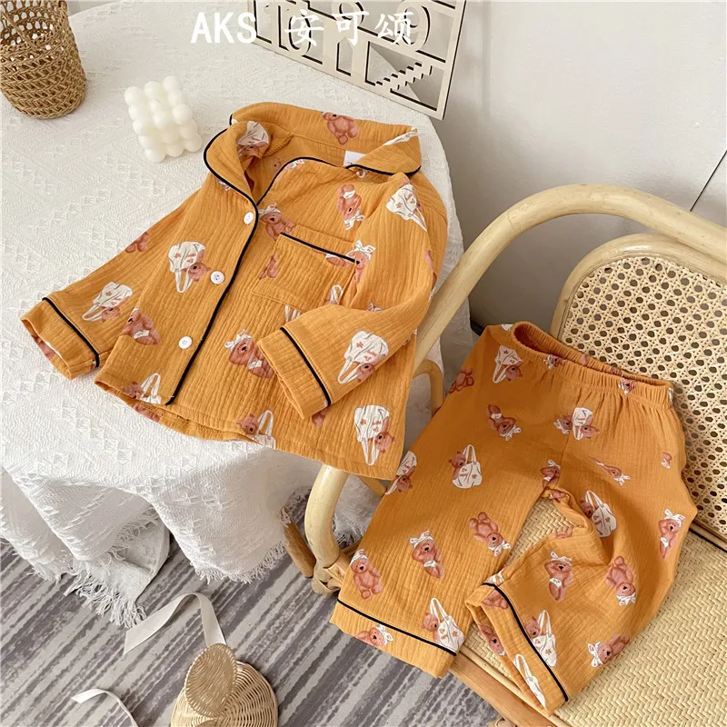 Autumn Kids Pajamas Set 2 PCS Long Sleeve Tops Cardigan Pants Korean Bear Cotton Muslin Boys Girls Nightgown Sleepwear