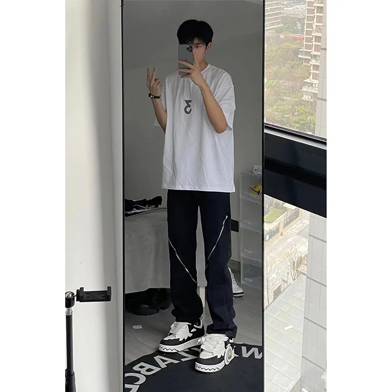 

American High Street Vibe Zipper Denim Jeans Men Handsome Hip Hop Street Loose Straight Leg Jeans Summer Casual Youth Popular