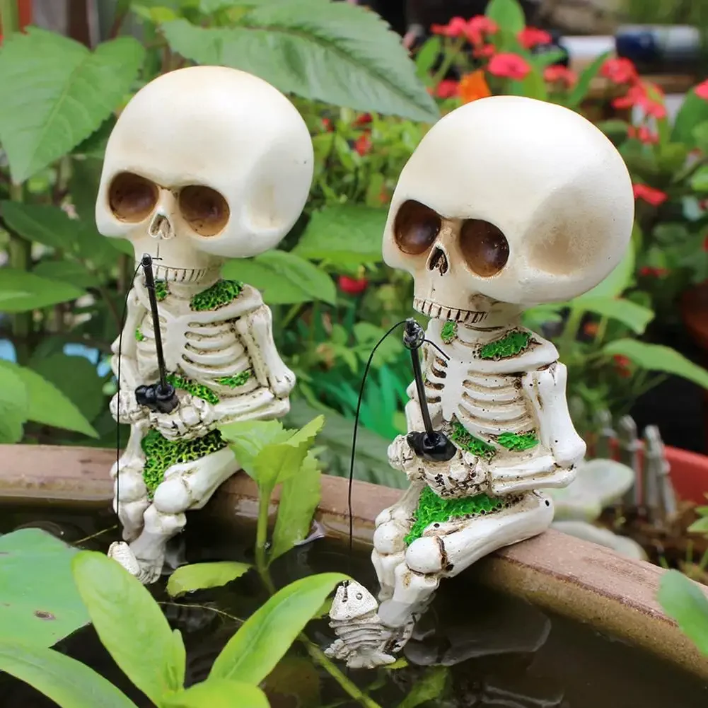 

Fishing Skeleton Statue Mini Skull Figurines Garden Decoration Sculpture Gothic Skull Ornament Halloween Decor Resin Fisher