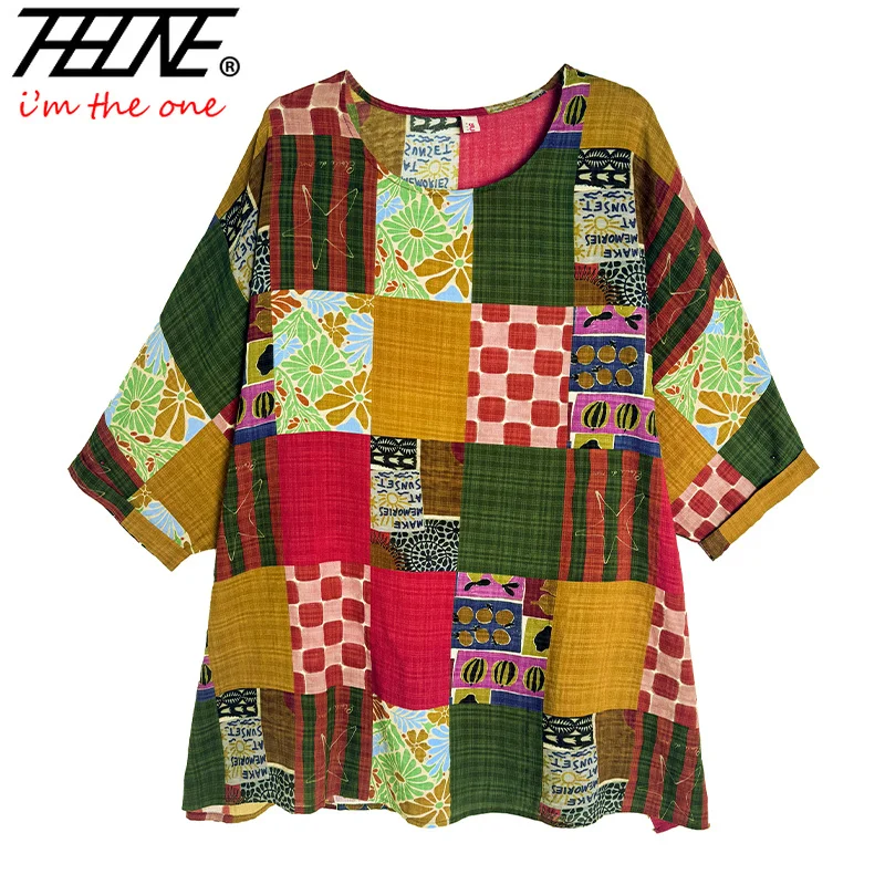 THHONE Women Shirts Print Loose Plus Size Cotton Linen Blouse Fashion Casual Indie Folk Batwing Sleeve O Neck Blusa Mujer Top image 4