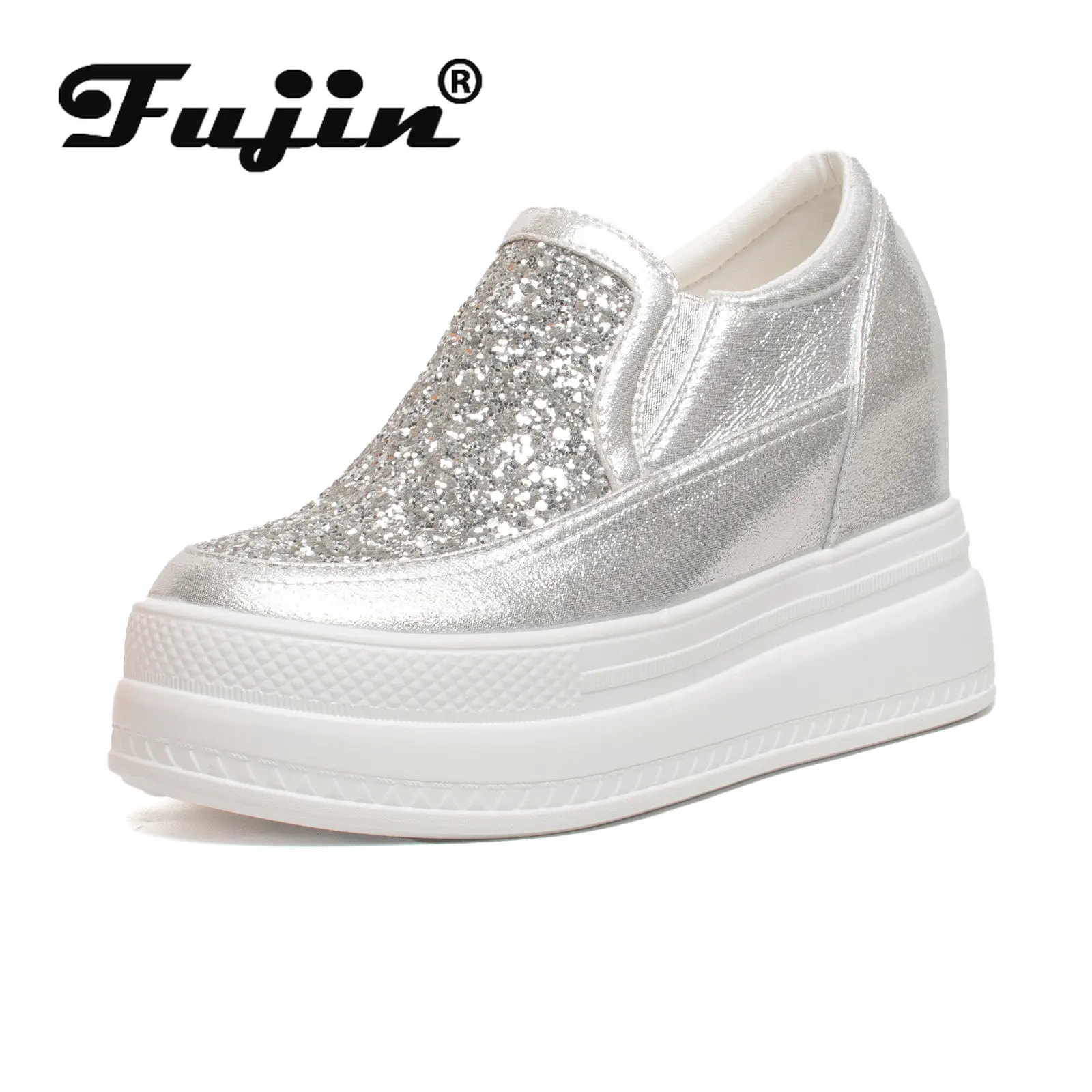 Fujin 9cm scarpe da ginnastica con plateau in vera pelle scarpe con zeppa altezza aumentata tacco Super alto per le donne Slip on scarpe Slipon