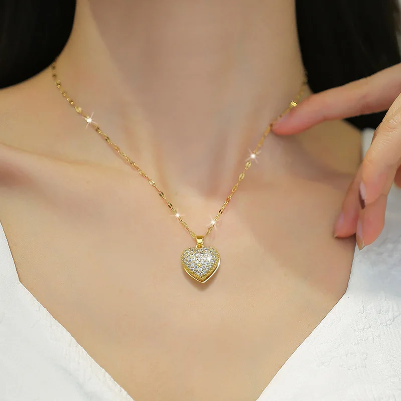 Temperament Full Zircon Heart Pearl Pendant Necklace for Women Luxury Gold Color Stainless Steel Shell Chokers Jewelry Fastness