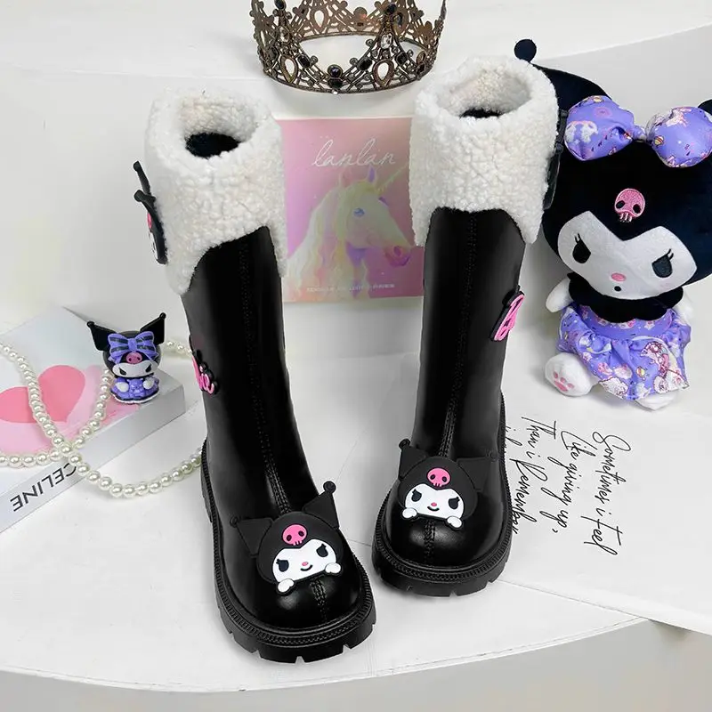 Kuromi Girl Boots Autumn Winter New Child Fashion Kawaii Cartoon Anime Cotton Boots Girl Velvet Keep Warm Cotton Boots