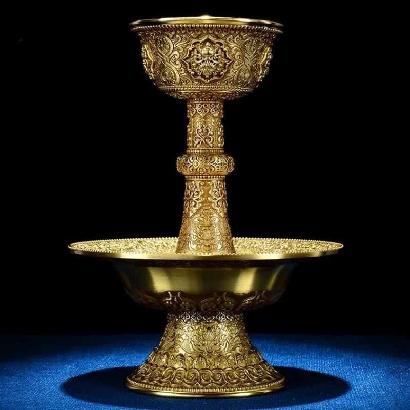 

Buddhist Tribute Guardian Bronze Cup,Engraving Eight Auspicious Layer Two Tibetan Holy Water Plate,Altars Desktop Decorative