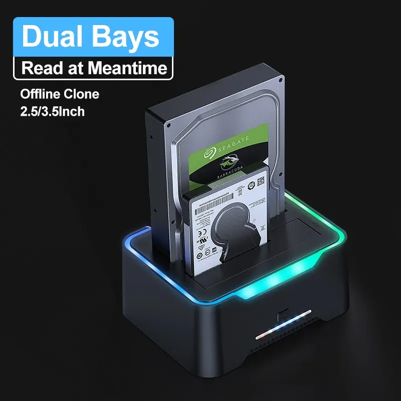 USB 3.0 ke SATA Dual Bay RGB lampu efek Hard Disk 2.5/3.5 inci Hard Drive kandang stasiun Dok Offline Clone HDD SSD