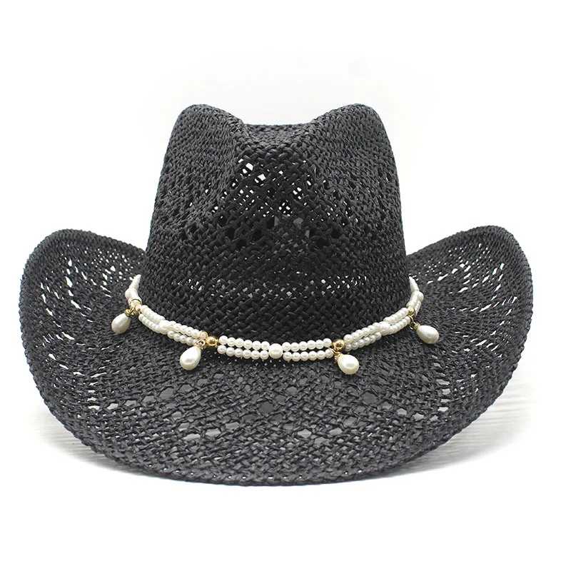 Spring and Summer New Hollow Sun Protection Straw Hat with Pearl String, Breathable Vacation Sun Hat, Hot-Selling Cowboy Hat